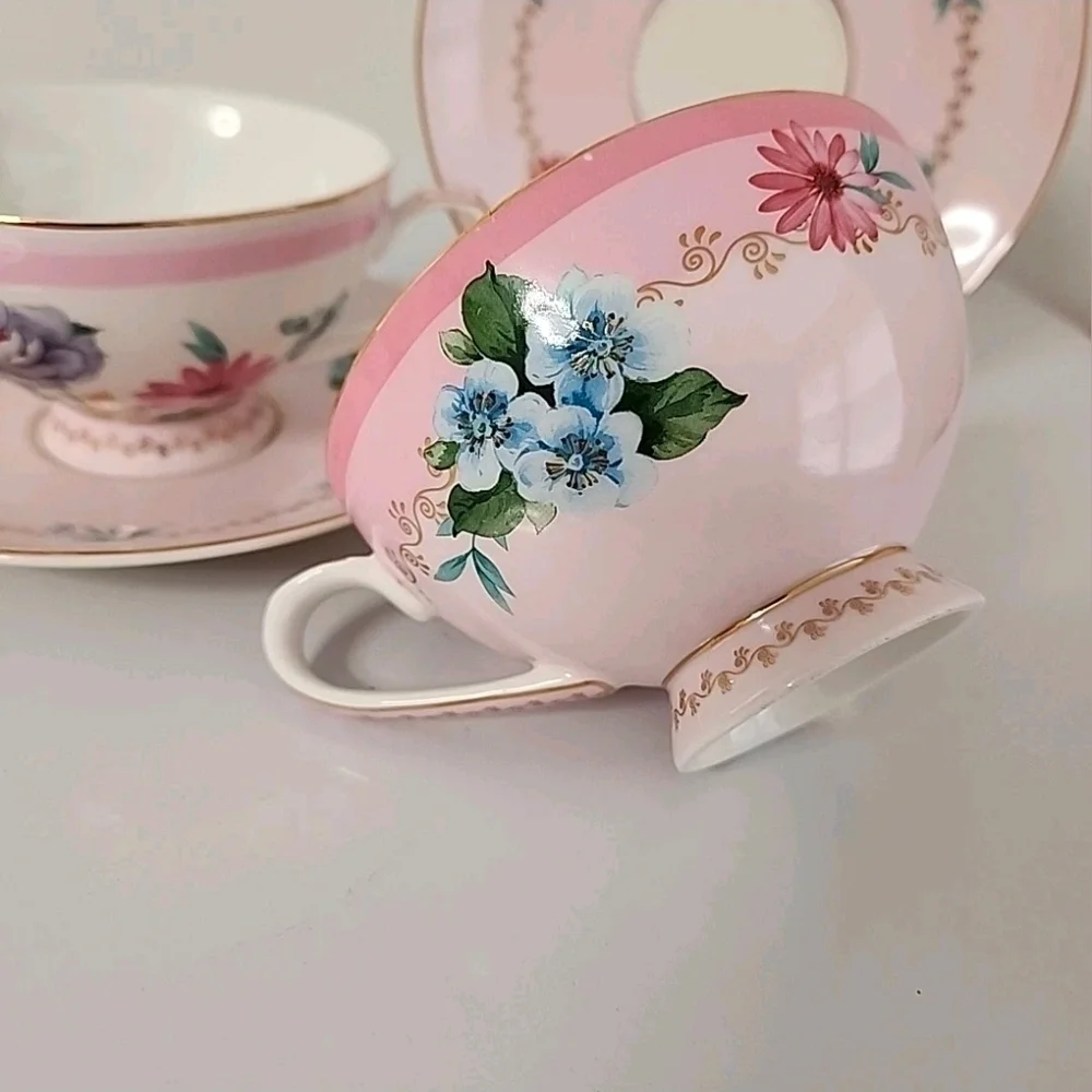 Grace Teaware Pink Floral Tea Cup Saucer Set 2 Cottagecore Gold Gilt Tea Party